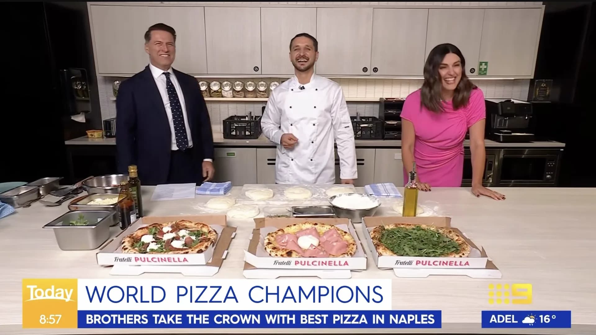 Simone and Alessio Zullo on Channel 9, with three Fratelli Pulcinella pizzas